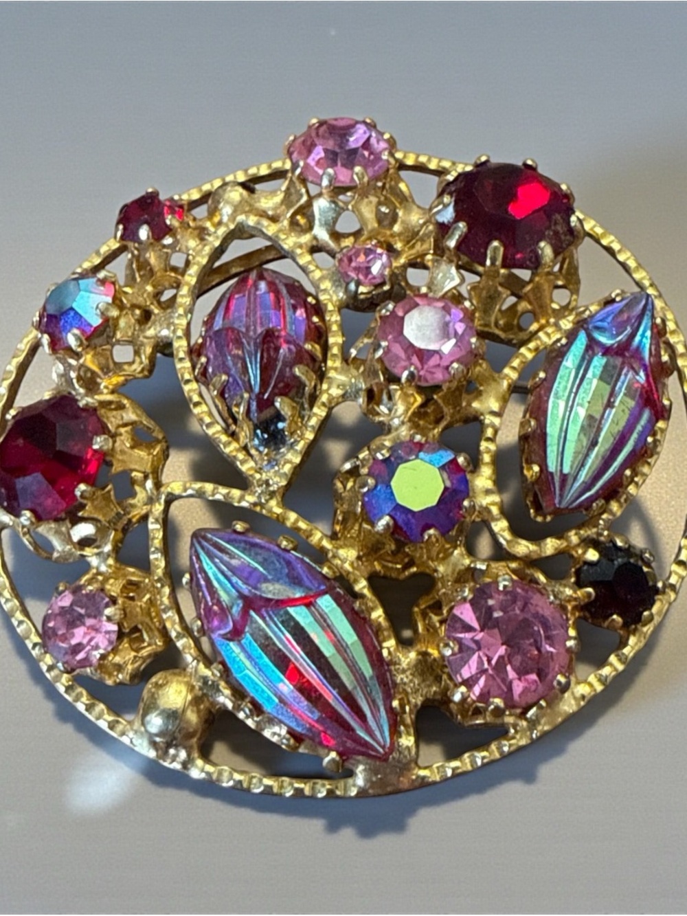 Vintage Austrian Pink Aurora Borealis Rhinestone Filigree Brooch Gold Tone Pin